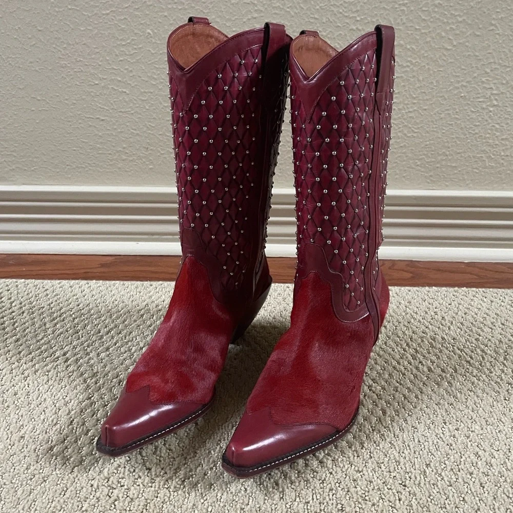 RARE Donald Pliner Ruby Red Hair On Hide Western Boots (8) - Picture 1 of 14